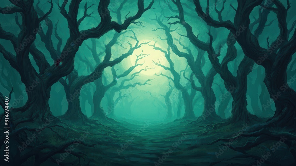 Poster mysterious forest with twisted trees and ethereal light. perfect for evoking fantasy and adventure i