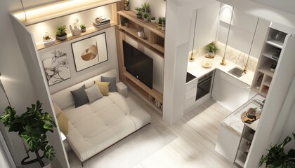 Modern 400 sq ft studio with living area, office, and kitchen in light colors 1. Generative AI