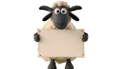 Cute cartoon sheep character holding a blank sign on transparent background