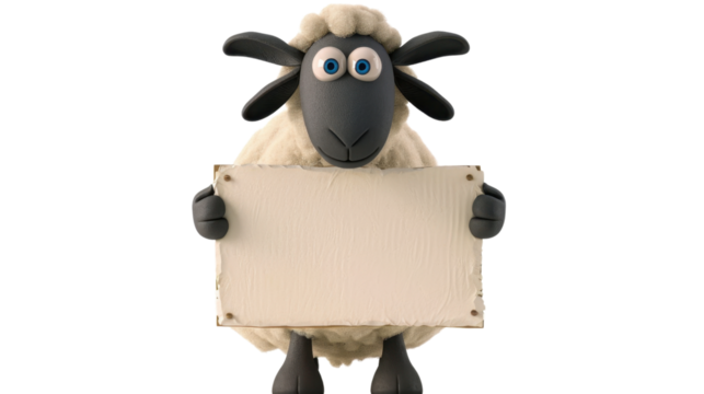 Cute cartoon sheep character holding a blank sign on transparent background - Powered by Adobe