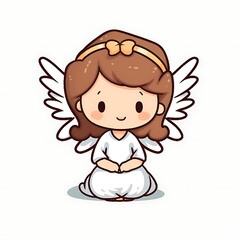 Fototapeta premium Cute Cartoon Angel Girl Sitting With Wings and Bow