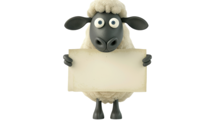 Cute cartoon sheep character holding a blank sign on transparent background