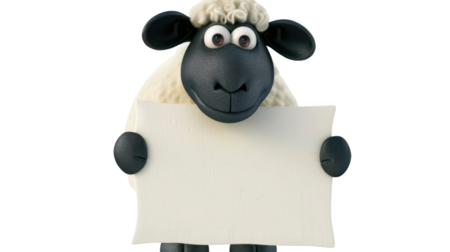 Cute cartoon sheep character holding a blank sign on transparent background