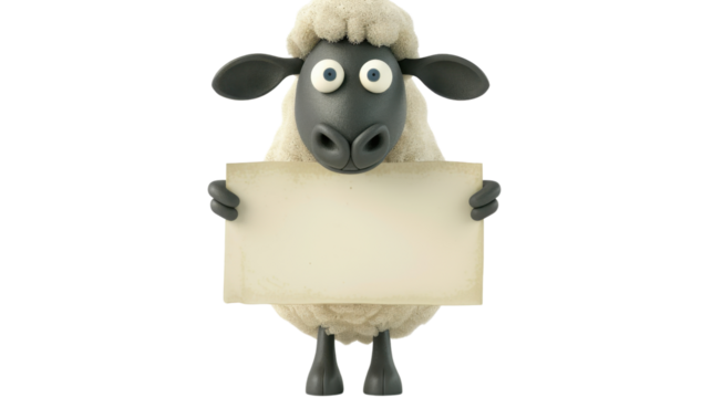 Cute cartoon sheep character holding a blank sign on transparent background