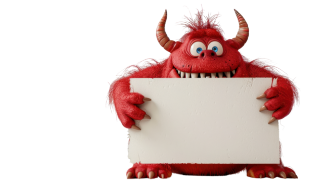 Cartoon red monster character holding a blank sign on transparent background
