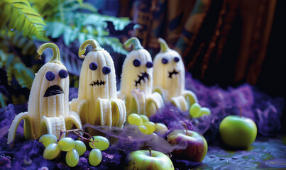 Healthy Halloween dessert ideas with banana ghosts, apple monster mouths, and grape eyeballs, creatively displayed in a spooky setting