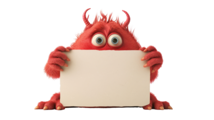 Cartoon red monster character holding a blank sign on transparent background