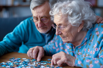 Senior couple enjoying jigsaw puzzle activity at home