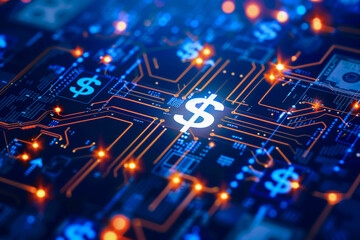 Obraz premium Futuristic Digital Finance Concept with Circuit and Dollar Sign