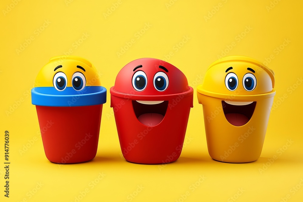Poster animated trash bins with smiling faces engaging children in recycling practices