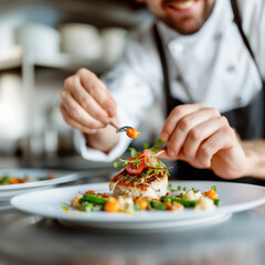 Chef Delicately Garnishing Dish with Fresh Herbs in Restaurant