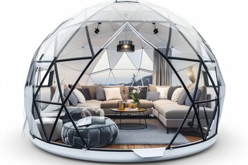 Transparent geodesic dome with luxurious interior embracing panoramic desert views