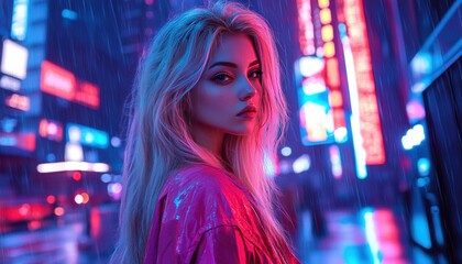 Obraz premium Fair-skinned blonde woman with slight bronze tint is surrounded by atmosphere of neon purple, blue, and pink lights, scene is set in futuristic city, creating a futuristic world around her.