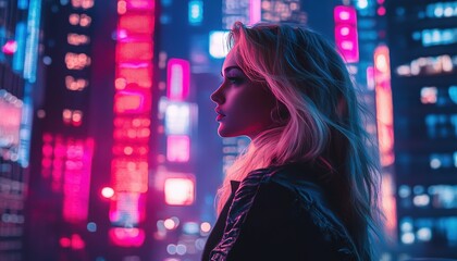 Fair-skinned blonde woman with slight bronze tint is surrounded by atmosphere of neon purple, blue, and pink lights, scene is set in  futuristic city, creating a futuristic world around her.