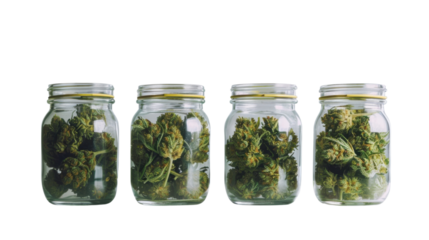 Cannabis buds in jar on transparent background