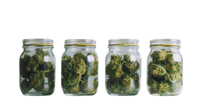 Cannabis buds in jar on transparent background