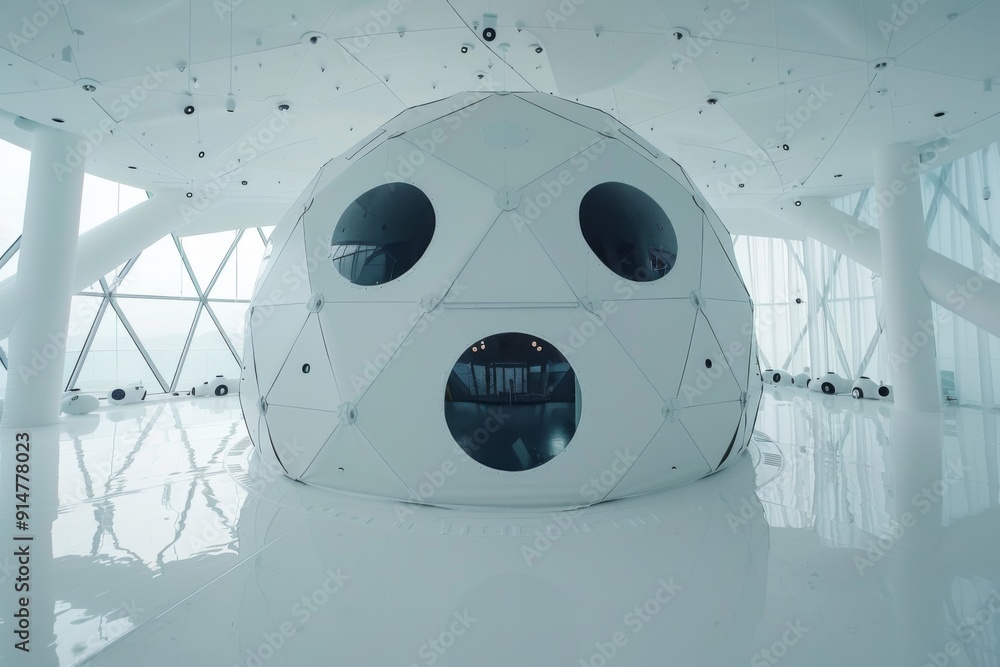 Poster stark white modernist structure in arctic setting embodying isolation and minimalist design