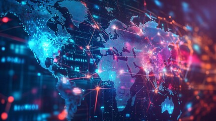 A high-tech, digital visualization of a global technology network map, featuring glowing lines that link key cities and regions across the world. The map is depicted on a dark background with bright,