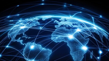 A visually striking and highly detailed global technology network map, showing the vast web of data connections that link cities and regions across the globe. The map features bright, glowing lines