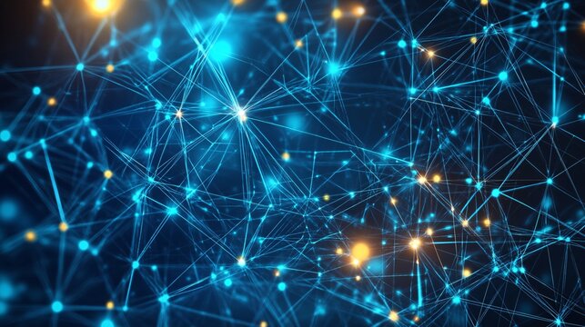 A high-tech visualization of a technology ecosystem, focusing on the connections between various nodes within a digital network. The image features bright, glowing nodes connected by thin, luminous