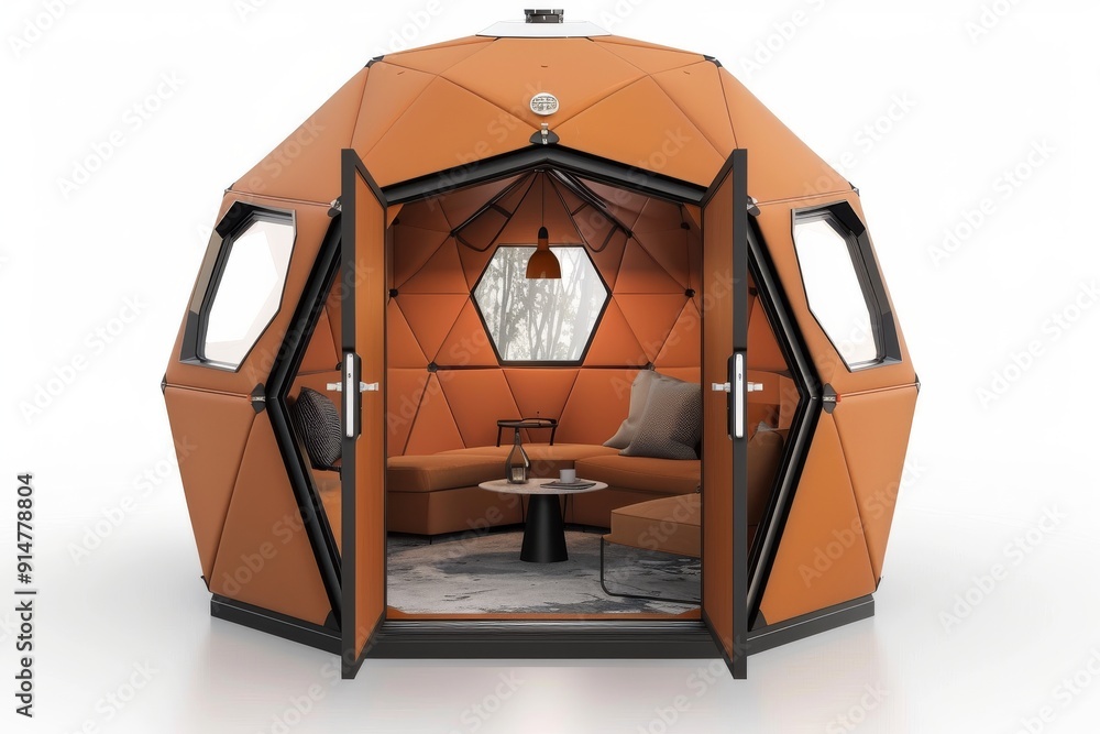 Poster compact hexagonal pod home designed for efficiency and style in natural settings