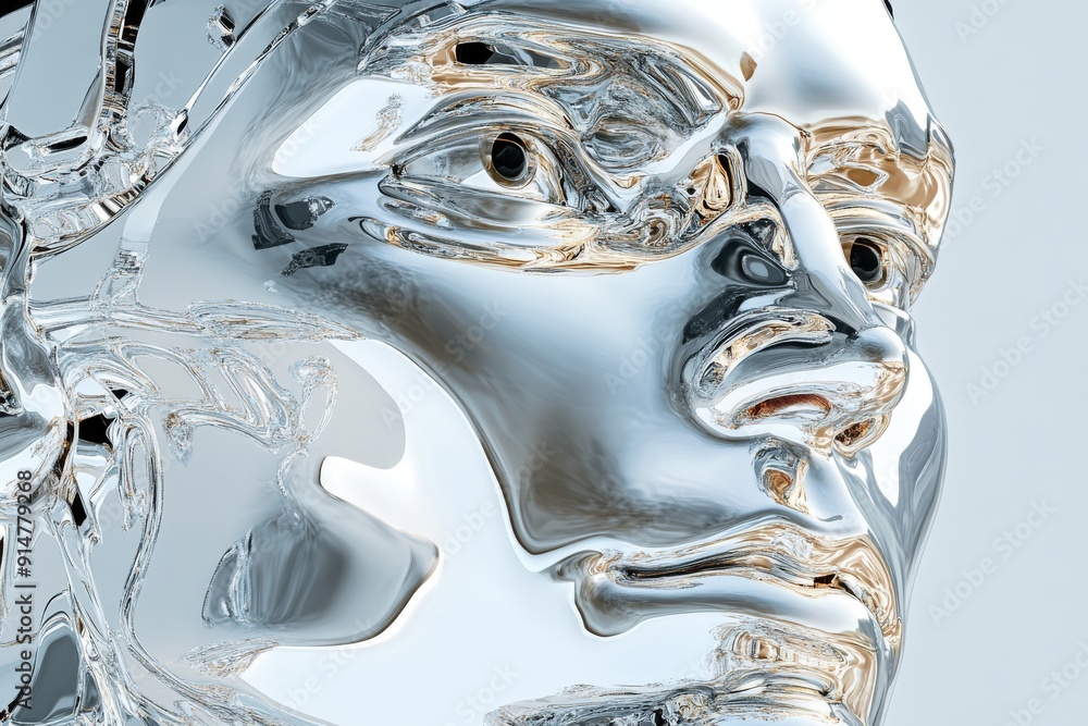 Poster mysterious robotic face with liquid silver textures exploring themes of identity and transformation
