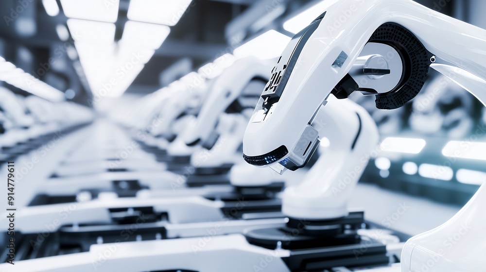 Aufkleber row of white robotic arms at automated production line at factory electric car manufacturing line in