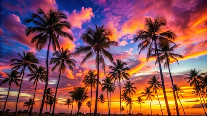 Obraz premium Vibrant tropical sunset with a colorful sky and palm trees silhouetted, tropical, sunset, colorful, vibrant, sky