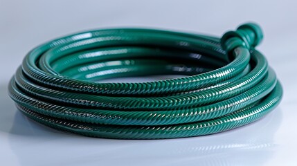 Intricately coiled green garden hose with highlighted nozzle on expansive white surface