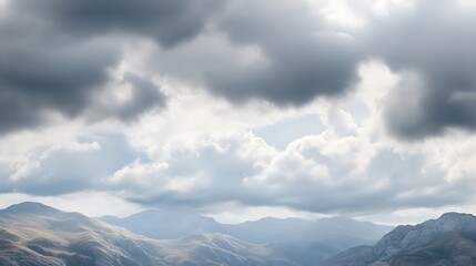 Fototapeta premium Gray stratus and cumulus clouds float gracefully across the sky casting gentle shadows across the majestic mountain landscape The atmosphere is filled with drama : Generative AI