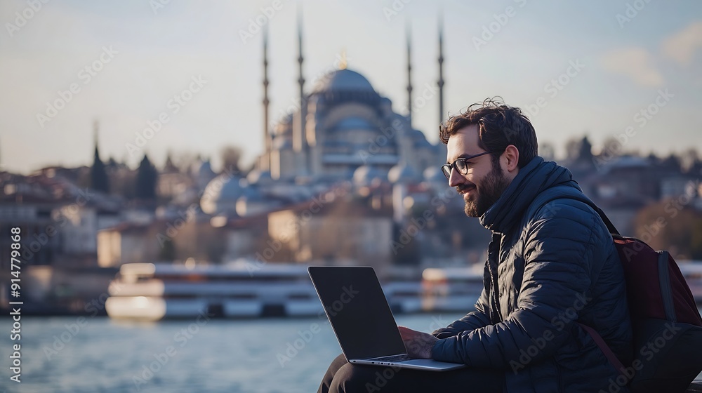 Aufkleber man laptop and digital nomad for agency on internet for travel adventure or location in istanbul mal
