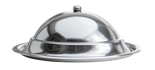 Stunning stainless steel cloche platter with a dome cover, isolated on a Empty background.