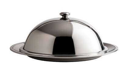 Stylish stainless steel cloche with a dome lid, perfect for serving dishes, isolated on a Empty background without shadows or reflections.