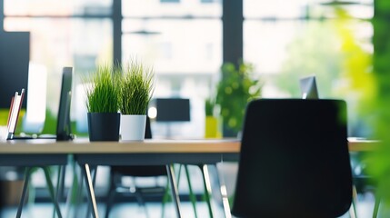 Modern open space business office interior without people with blurred bokeh light background...