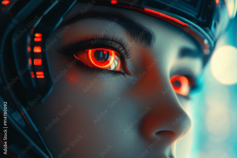 Sticker Futuristic cyborg woman with glowing red eyes in a neon lit urban setting evoking sci fi intrigue