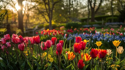 Springtime Garden with a Colorful Array of Tulips