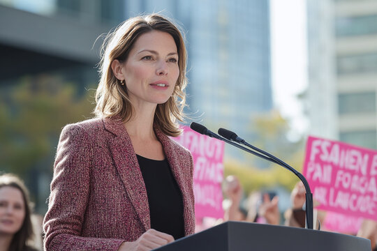 A woman politician speaking at a podium, with supporters holding feminist slogans behind her. - Powered by Adobe