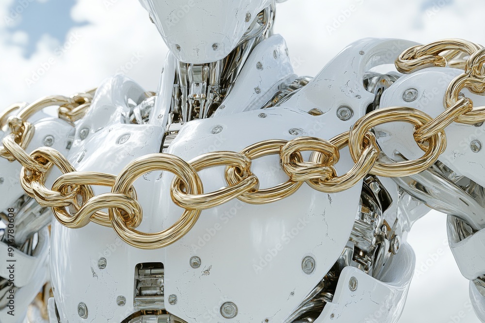 Poster luxurious robotic chains in a pristine white setting showcasing wealth and the opulence of modern te