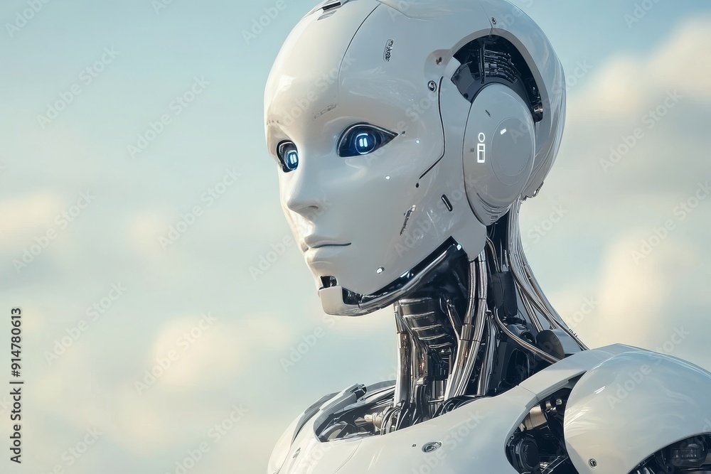 Poster sophisticated humanoid robot with a thoughtful expression contemplating the complexities of artifici