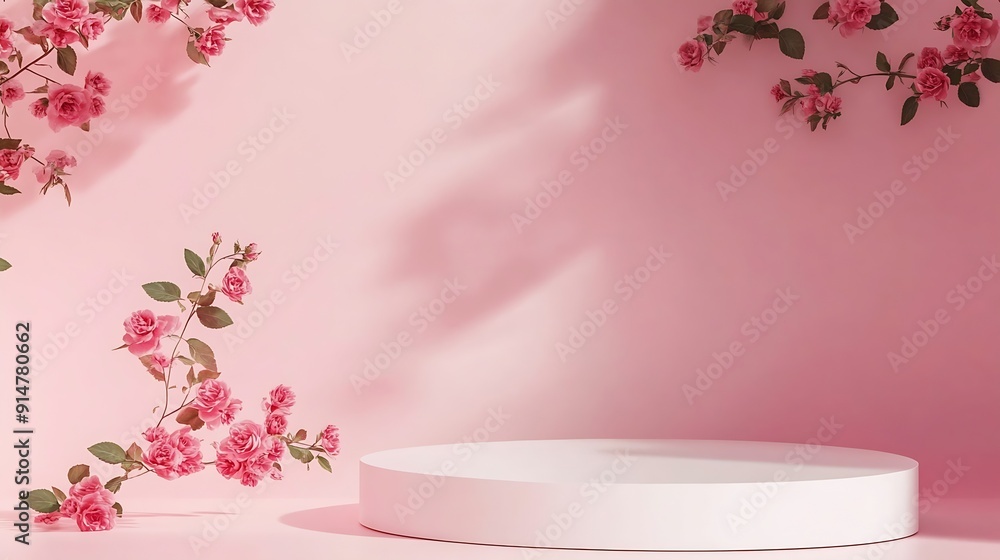 Poster Abstract minimal nature scene  empty stage and white podium on pink background and soft shadows of rose flowers and leaves Pedestal for cosmetic product and packaging mockups display p : Generative AI