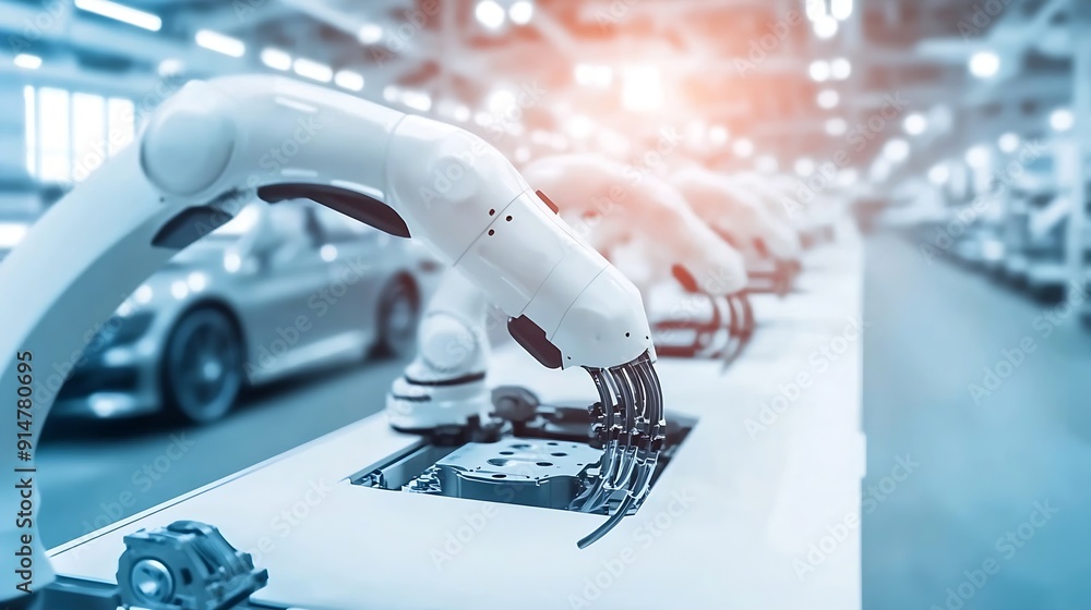 Aufkleber industrial robot arms assemble lithiumion ev battery pack row of white robotic arms at automated pro