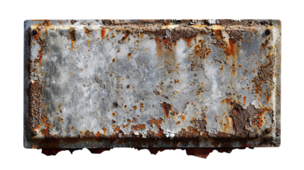 A large rectangular metal sign with rusted edges, Empty background, top view.