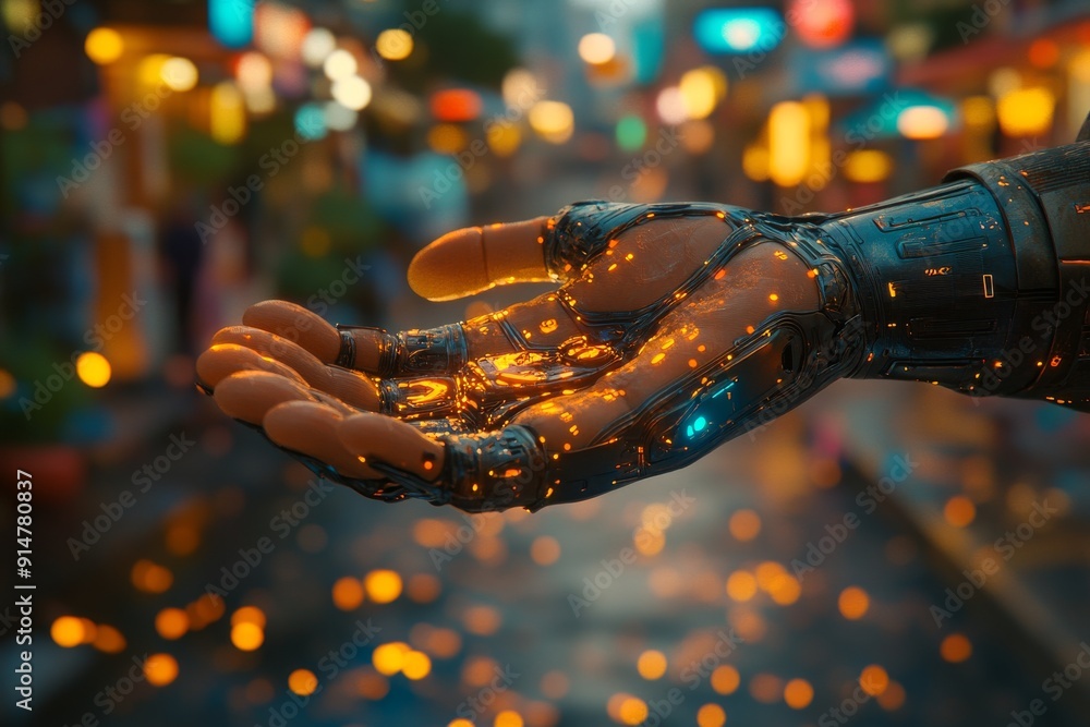 Poster robot hand covered in orange sparks illustrating the dynamic energy and power of automated systems