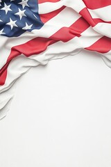 Obraz premium Overhead view of the American flag with flowing red, white, and blue fabric on a white background, perfect for patriotic themes or national events.