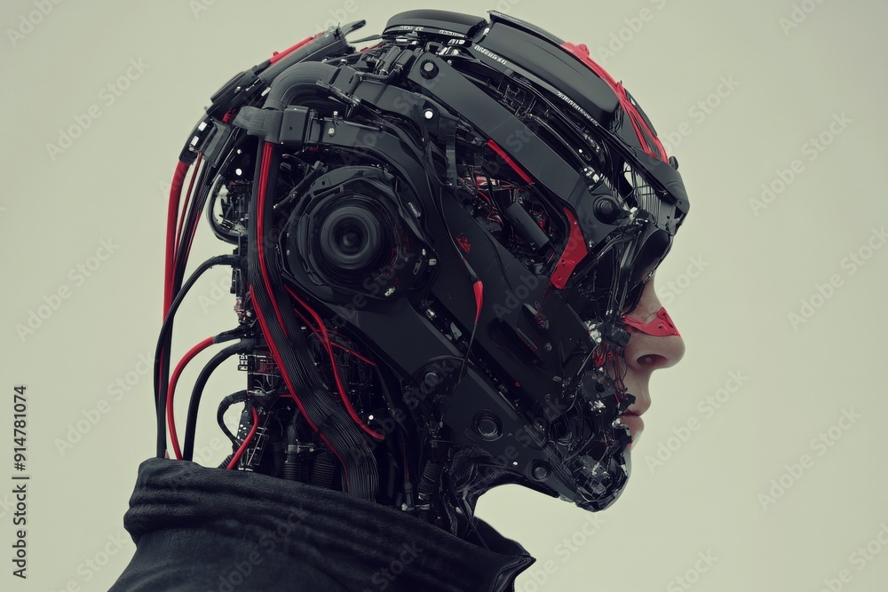 Poster dark robotic head with intricate red wiring exploring the depths of artificial intelligence and cogn