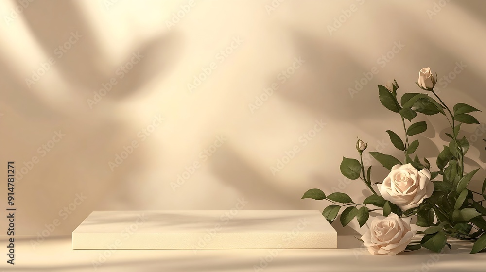 Aufkleber Abstract minimal nature scene  empty stage and square podium on beige background and soft shadows of rose flowers and leaves Pedestal for cosmetic product and packaging mockups display : Generative AI