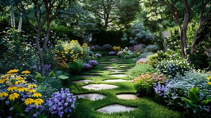 A Beautiful Stone Path Leading Through a Lush Garden