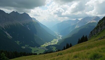 Naklejka premium Mountain Valley Landscape with Cloudy Sky.