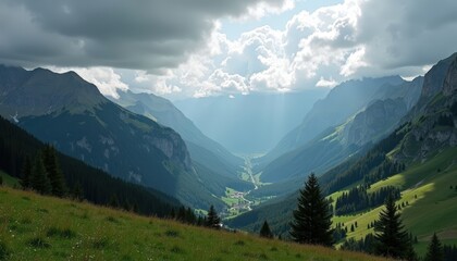 Fototapeta premium Mountain Valley with Clouds and Sunbeams.