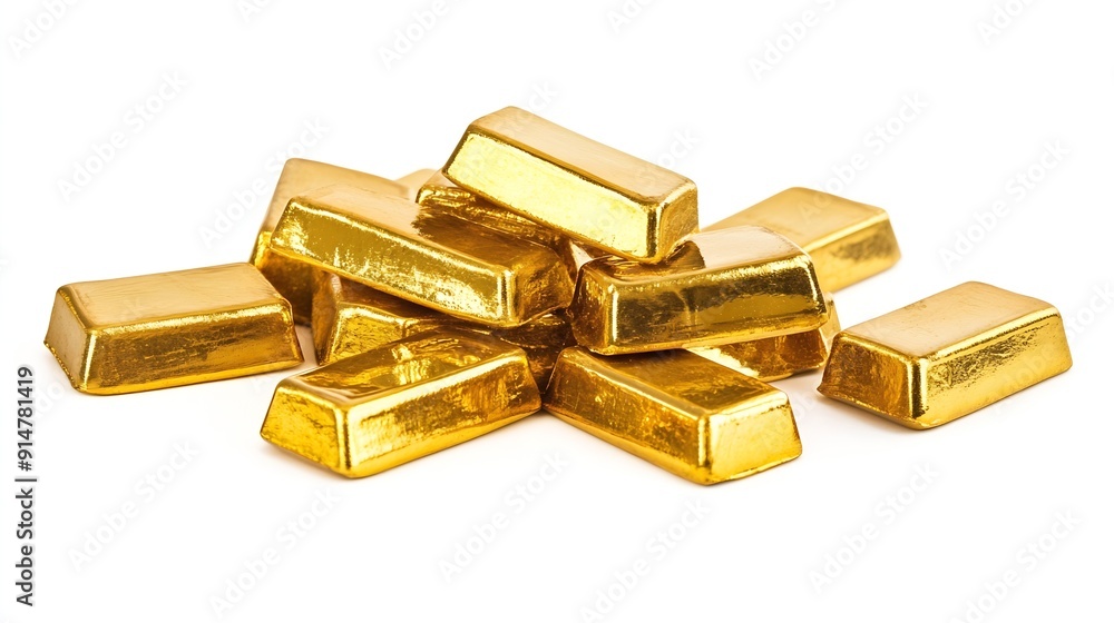 Poster stack of shiny gold bars isolated on white : generative ai